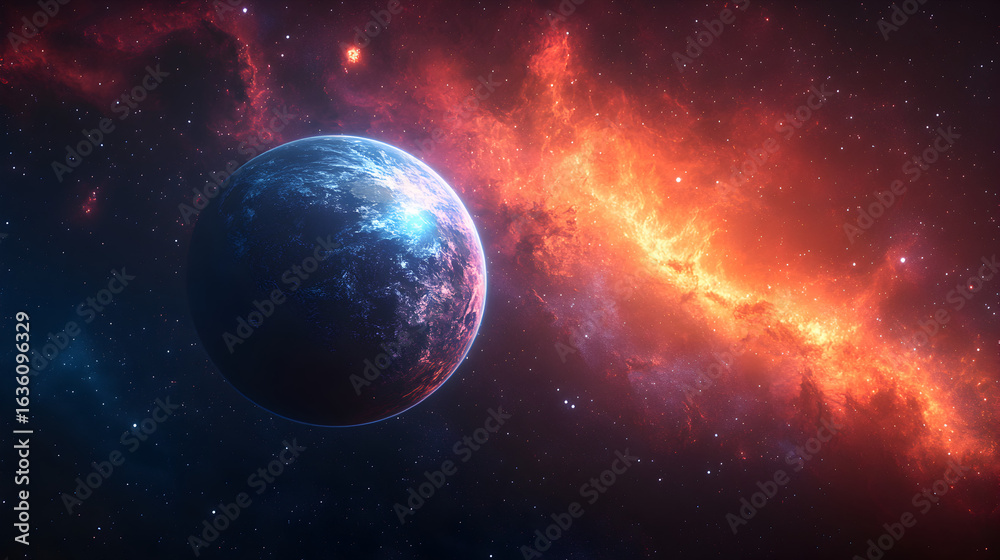 Obraz premium Futuristic alien world suspended in vast cosmic space, glowing orange, with swirling nebulae and stars, conceptual game art capturing abstract science and mysterious universe exploration themes.