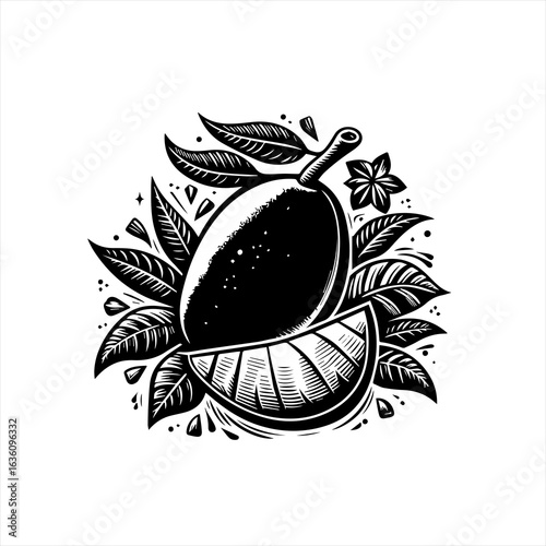 Stylized black and white mango with leaves and slice