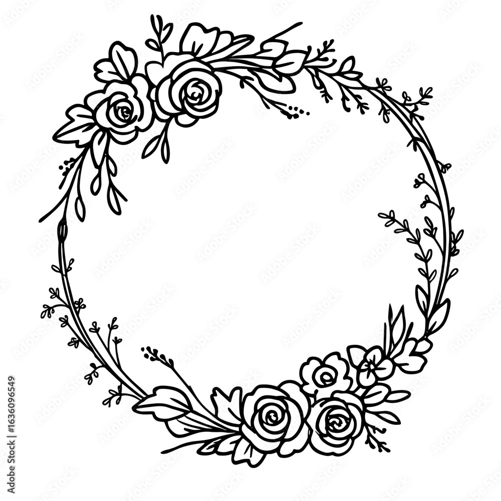 Circular Floral Frame with Roses Black and White Botanical Line Art Illustration
Circular Floral Frame with Roses Black and White Botanical Line Art Illustration