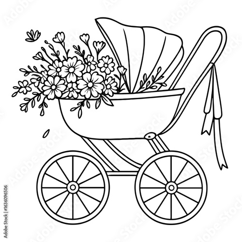 Baby Stroller with Floral Arrangement Black and White Decorative Line Art Illustration
