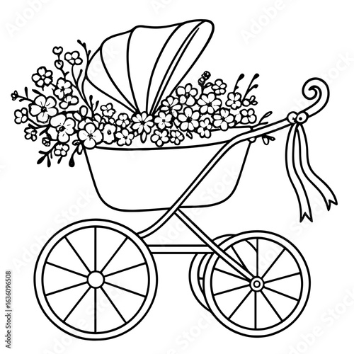 Baby Stroller with Flowers Black and White Decorative Line Art Illustration
