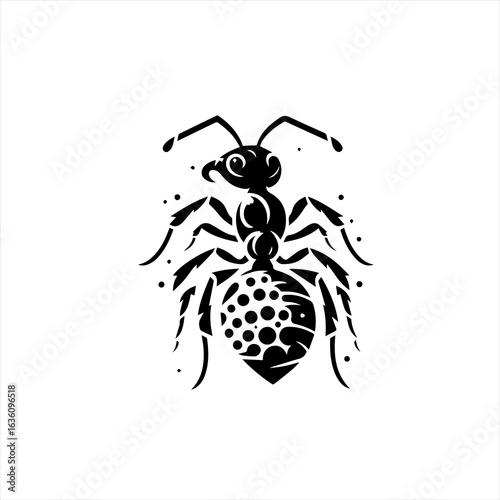 Stylized black ant illustration with spotted abdomen