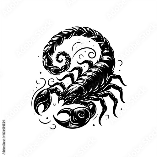 Stylized black scorpion illustration with swirling details