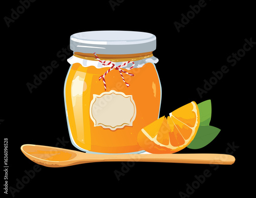 Jar of Orange Jam with Orange and Spoon - Vector Illustration