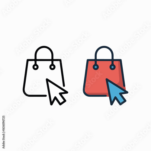Illustration of a shopping bag with a cursor, one in outline and one in color, on a white background