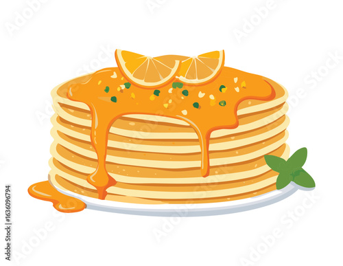 Stack of Pancakes With Orange Syrup Sauce - Vector Illustration