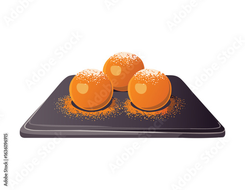 Deep Fried Balls with Garnish on a Black Plate - Vector Illustration
