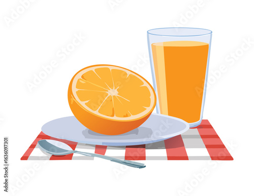 Fresh Orange Juice and Sliced Fruit on Plate - Vector Illustration