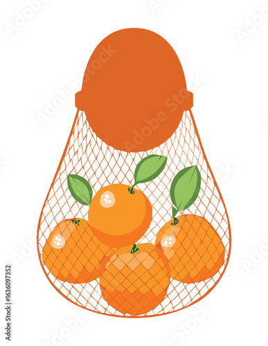 Net Bag Filled with Fresh Orange Fruits - Vector Illustration