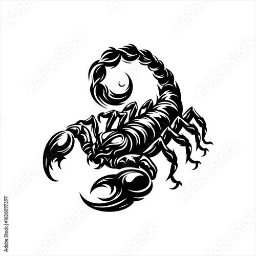 Stylized black scorpion illustration with curled tail and large claws