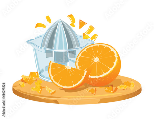 Manual Citrus Juicer with Fresh Orange Slices - Vector Illustration