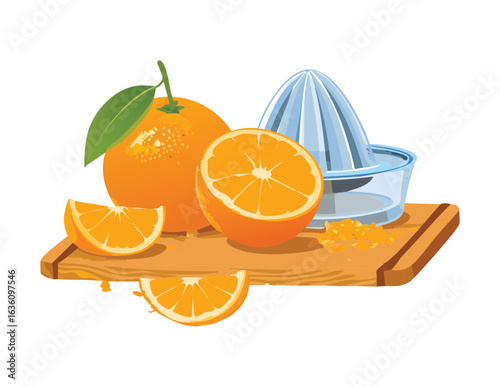 Manual Citrus Squeezer with Oranges and Slices - Vector Illustration