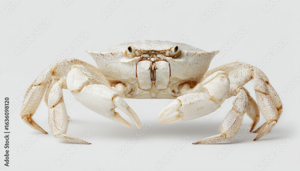 Rare albino crab with delicate translucent shell and claws, isolated on a pristine white background Rare albino crab with delicate translucent shell and claws, isolated on a pristine white background