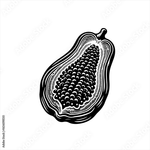 Black and white linocut illustration of a halved papaya fruit