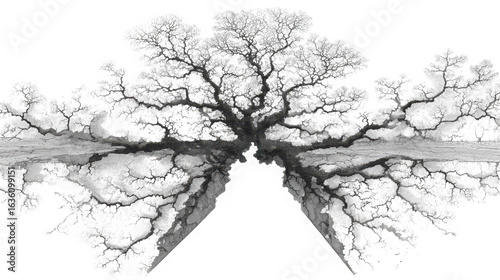 Silhouette of a bare tree with intricate branches reaching towards the sky in winter creating an artistic and scenic landscape isolated on transparent background