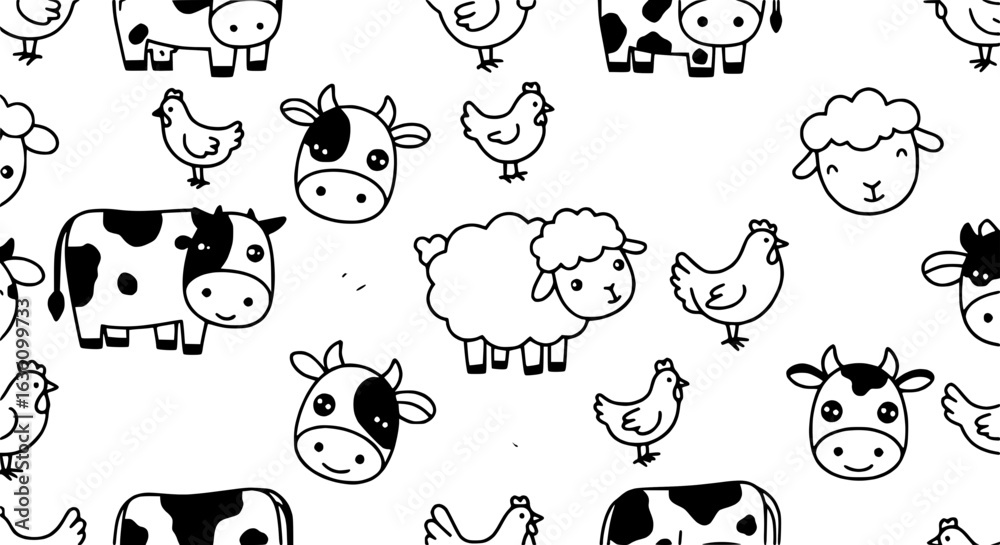 Fototapeta premium Farm animals seamless pattern — cow, sheep, hen — cute vector icon style, no more than 2 colors