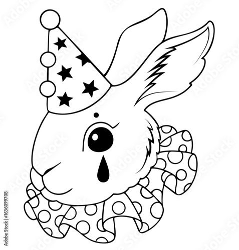 Sad rabbit clown with tear, wearing circus costume and party hat with stars, anthropomorphic character expressing emotion, theatrical and carnival art