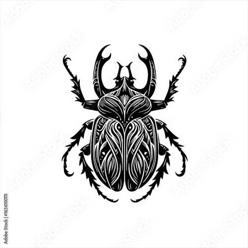 Ornate black and white scarab beetle illustration