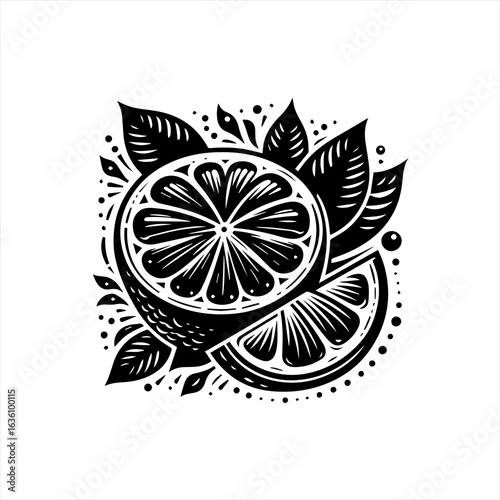 Stylish black and white illustration of citrus fruit slices and leaves