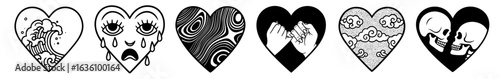 crying heart with tears, sad heart with closed eyes, abstract heart with dark waves, heart with hands holding inside, heart with stitched scar, heart with skull