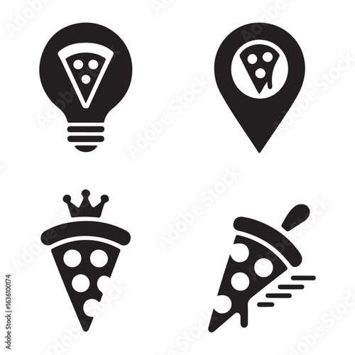 Four pizza themed icons in black silhouette on a white background set up