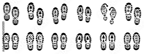 Santa Claus boot prints in snow, festive footprints pattern, Santa arriving on sleigh to deliver Christmas gifts, winter holiday decoration