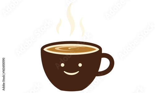 A steaming cup of coffee with beans and a simple espresso icon illustration