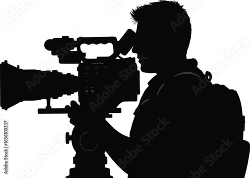 Cameraman silhouette, professional camera operator, videographer at work, filmmaking process, movie production