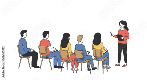 Illustration of a woman presenting to a group of five people seated on chairs, listening attentively and taking notes. The scene is minimalist and set against a white background.