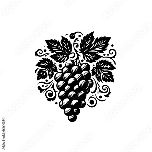 Elegant black and white grape cluster with ornate leaves and swirls