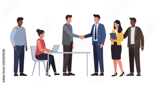 Illustration of diverse business professionals in a meeting; two men shaking hands at a table while others stand or work on a laptop.
