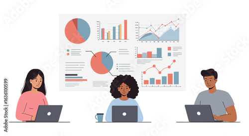 Three diverse individuals work on laptops in front of a large screen displaying various charts and graphs, indicating data analysis.