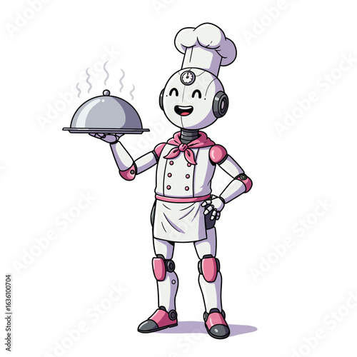 A smiling robot chef wearing a toque and apron presents a covered dish with rising steam.