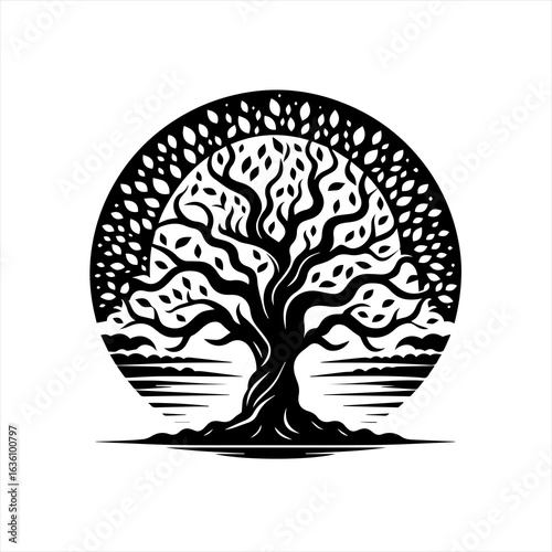 Stylized black tree of life silhouette with circular border