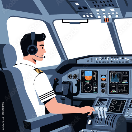 Airplane pilot in uniform sitting in the cockpit, operating the controls and looking forward.