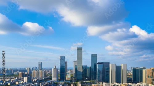 Cityscape with Modern Architecture and High-Rise Buildings Under Cloudy Blue Sky — 4K HD Video Footage Download, Cinematic Lighting, Photorealistic Urban Landscape