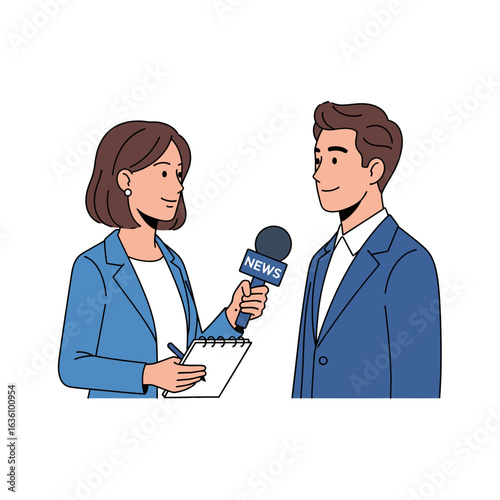 A female reporter interviews a man with a microphone while taking notes on a clipboard.