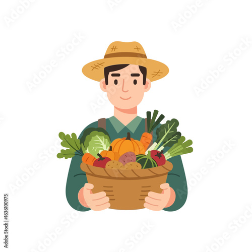 A smiling farmer wearing a hat holds a basket overflowing with fresh vegetables and produce.