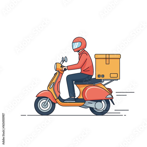 Illustration of a delivery person riding a scooter with a package on the back, against a white background.