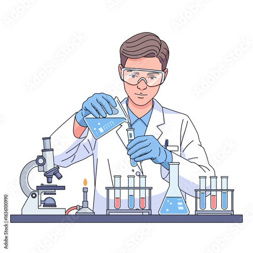 A scientist in a lab coat and safety goggles pours liquid from a beaker into a test tube, surrounded by lab equipment.