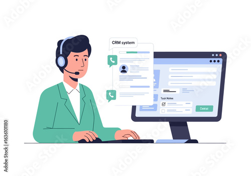 Man wearing headset using computer with CRM system interface, showing customer data and communication options.