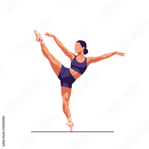 A stylized illustration of a female ballet dancer in a purple outfit, performing an arabesque pose on pointe shoes.