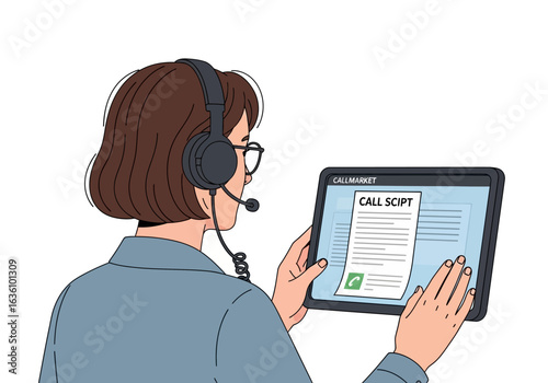 Woman with headset viewing a call script on a tablet, likely working in customer service or a call center.