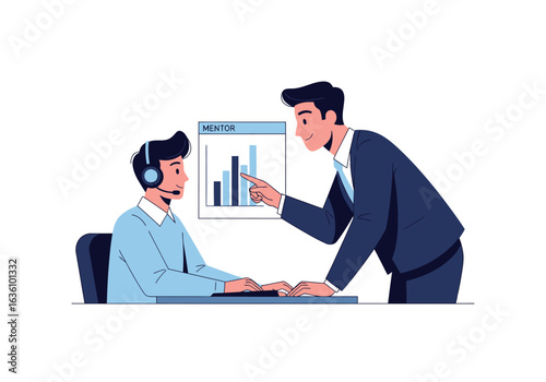 A mentor guides a young professional wearing a headset, pointing at a bar graph showing progress and growth.