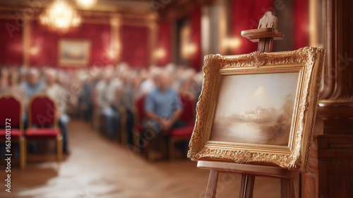 The painting is at auction.The painting in a golden frame is displayed on an easel in an elegant auction room. In front of her are rows of spectators focused on the upcoming auction for a work of art.