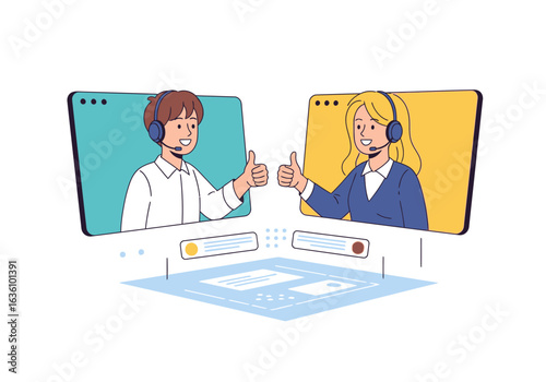 Two people in a video call, wearing headsets, giving thumbs up gestures in a positive online communication setting.