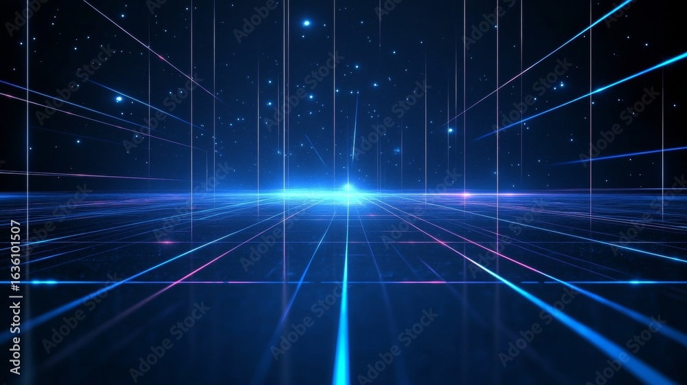 Obraz premium Futuristic Neon Grid Illustration Featuring Light Rays and Data Visualization on a Blue Background