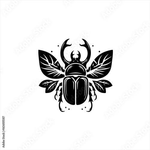Stylized black scarab beetle with ornate wings and horns