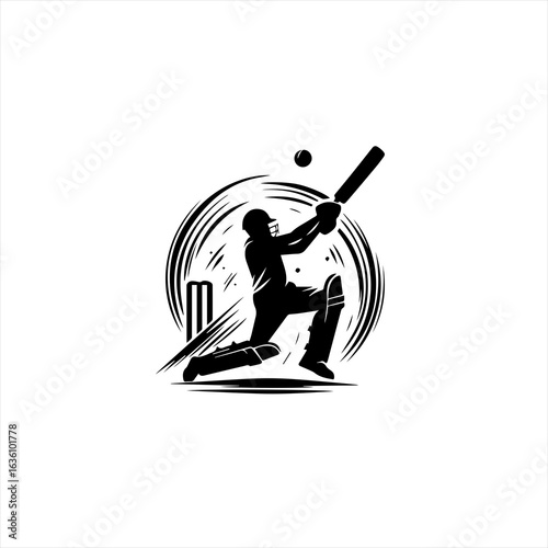 Cricket batsman silhouette in action hitting a shot with a ball and wickets