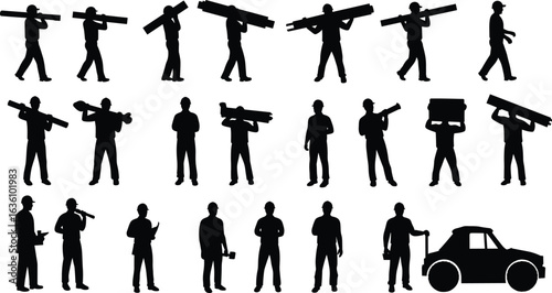 Construction worker silhouettes, carrying planks, holding tools, building site, carpenter work, hard hat safety, labor jobs, construction equipment, contractor illustration, industrial workforce
